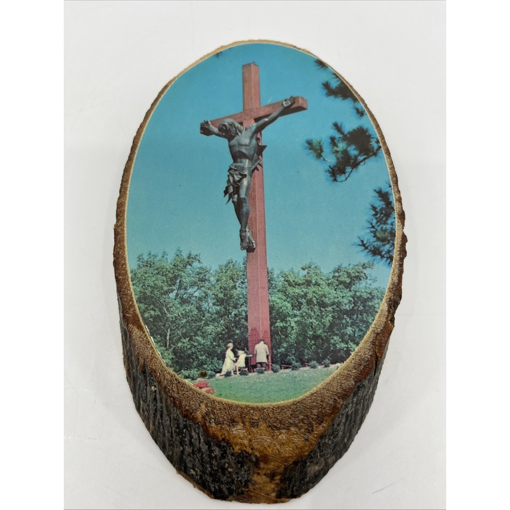 Catholic Shrine Indian River Michigan Tree Slice Decoupage 6" Wall Hanging